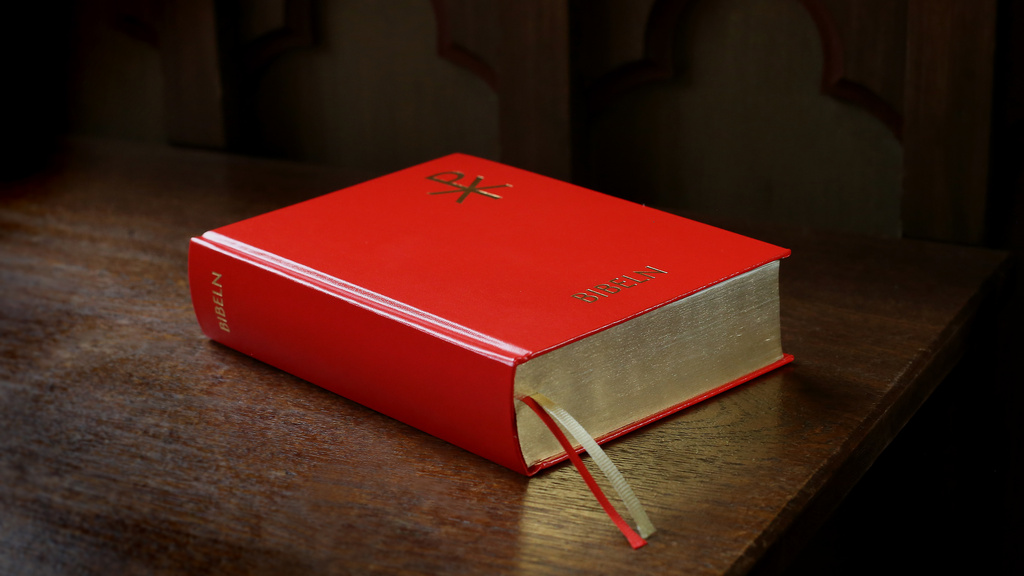 The Bible, red edition with gilt edges.